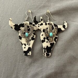 Cow Print Bull Skull Earrings with Turquoise Stone